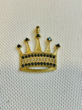 14K Yellow Gold Diamond And Black Diamond Crown Charm Pendant